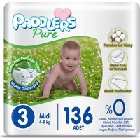 Paddlers Pure 3 Numara Organik Cırtlı Bebek Bezi 136 Adet