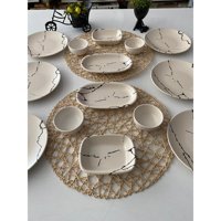 Keramika Mermer Desenli 14 Parça 6 Kişilik Seramik Kahvaltı Takımı Krem