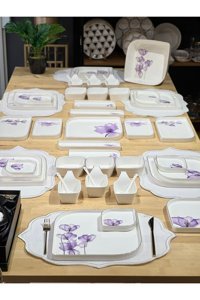 Onedekor Lüks Purple Desenli 46 Parça 6 Kişilik Porselen Kahvaltı Takımı Mor