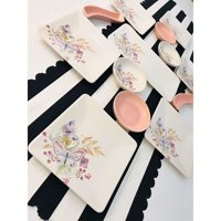 Keramika Bahar Kare Desenli 13 Parça 6 Kişilik Seramik Kahvaltı Takımı Beyaz-Pembe