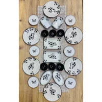 Venüs Home Decoratıon Kelebek Desenli 24 Parça 6 Kişilik Seramik Kahvaltı Takımı Beyaz-Siyah