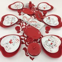Keramika Peri Masalı Desenli 30 Parça 6 Kişilik Seramik Kahvaltı Takımı Beyaz-Kırmızı