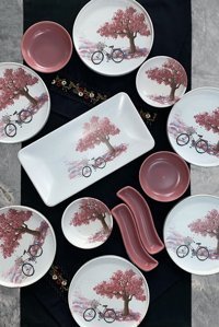 Keramika Bicycle Kare-Yuvarlak Desenli 13 Parça 6 Kişilik Seramik Kahvaltı Takımı Çok Renkli