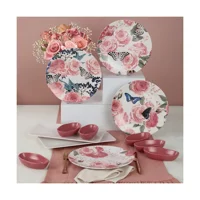Keramika Pembe Gül Desenli 12 Parça 4 Kişilik Stoneware Kahvaltı Takımı Çok Renkli