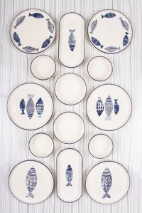Mukko Home Balık Desenli 14 Parça 6 Kişilik Seramik Kahvaltı Takımı Mavi