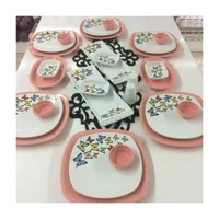 Keramika Kelebek Kare Desenli 28 Parça 6 Kişilik Seramik Kahvaltı Takımı Beyaz-Pembe
