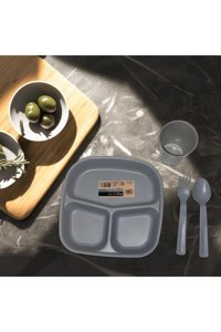 Hobby Life Kahvaltı Tabağı Kare 30 Parça 6 Kişilik Plastik Kahvaltı Takımı Gri
