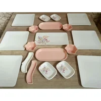 Keramika Mat Pembe Kare Desenli 19 Parça 6 Kişilik Seramik Kahvaltı Takımı Beyaz-Pembe