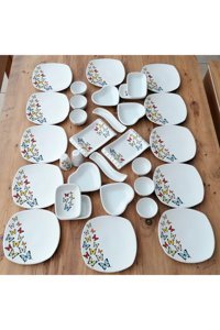 Demet Çeyiz Kelebek Kare Desenli 32 Parça 12 Kişilik Stoneware Kahvaltı Takımı Beyaz