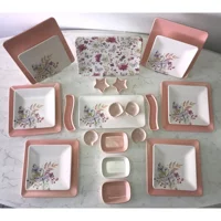 Keramika Bahar Kare Desenli 25 Parça 6 Kişilik Seramik Kahvaltı Takımı Beyaz-Pembe