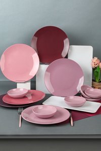Keramika Soft 14 Parça 6 Kişilik Seramik Kahvaltı Takımı Kırmızı-Mor-Pembe
