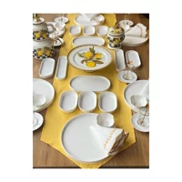 Rossev Pure Desenli 55 Parça 6 Kişilik Porselen Kahvaltı Takımı Beyaz