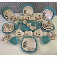 Keramika Retro Kalp-Kare Desenli 37 Parça 6 Kişilik Seramik Kahvaltı Takımı Beyaz-Mavi