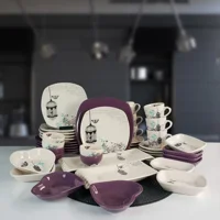 Keramika Retro Desenli 42 Parça 6 Kişilik Seramik Kahvaltı Takımı Beyaz-Mor