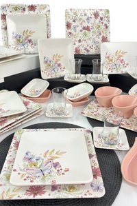 Keramika Kelebek Kare Desenli 37 Parça 6 Kişilik Seramik Kahvaltı Takımı Çok Renkli