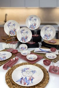 Keramika Dream Catcher Yuvarlak Desenli 29 Parça 6 Kişilik Seramik Kahvaltı Takımı Çok Renkli