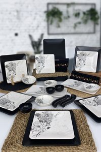 Keramika Lotus Desenli 23 Parça 6 Kişilik Seramik Kahvaltı Takımı Beyaz-Siyah
