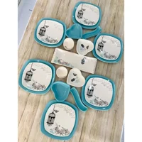 Keramika Retro Kalp-Kare Desenli 23 Parça 6 Kişilik Seramik Kahvaltı Takımı Beyaz-Mavi