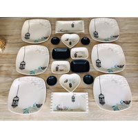 Keramika Retro Kalp-Kare Desenli 18 Parça 6 Kişilik Seramik Kahvaltı Takımı Beyaz