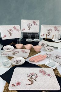 Floral Woman Yuvarlak Desenli 27 Parça 6 Kişilik Stoneware Kahvaltı Takımı Pembe