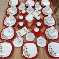Keramika Kelebek Desenli 66 Parça 12 Kişilik Seramik Kahvaltı Takımı Beyaz-Kırmızı