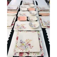 Keramika Bahar Kare Desenli 26 Parça 6 Kişilik Seramik Kahvaltı Takımı Beyaz-Pembe