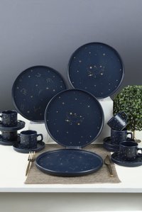 Keramika Astro Yuvarlak Desenli 16 Parça 6 Kişilik Seramik Kahvaltı Takımı Siyah
