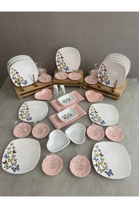Keramika Kelebek Desenli 46 Parça 12 Kişilik Seramik Kahvaltı Takımı Beyaz-Pembe