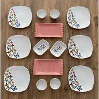 Keramika Kelebek Desenli 14 Parça 6 Kişilik Seramik Kahvaltı Takımı Pembe