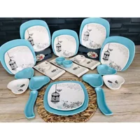 Keramika Retro Kalp-Kare Desenli 27 Parça 6 Kişilik Seramik Kahvaltı Takımı Beyaz-Mavi