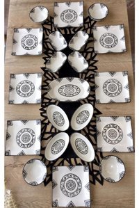 Venüs Home Decoratıon Kilim Desenli 21 Parça 8 Kişilik Seramik Kahvaltı Takımı Siyah