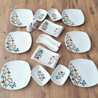 Keramika Kelebek Desenli 16 Parça 6 Kişilik Seramik Kahvaltı Takımı Beyaz