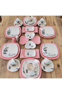 Demet Çeyiz Retro Kare Desenli 34 Parça 6 Kişilik Seramik Kahvaltı Takımı Pembe