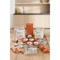Keramika Güz Yaprakları Kare Desenli 41 Parça 6 Kişilik Stoneware Kahvaltı Takımı Çok Renkli