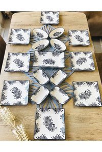 Venüs Home Decoratıon Nilüfer Desenli 17 Parça 8 Kişilik Seramik Kahvaltı Takımı Lacivert
