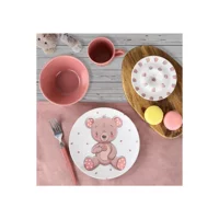 Keramika Ayıcık Yuvarlak Desenli 4 Parça 1 Kişilik Seramik Kahvaltı Takımı Beyaz-Pembe