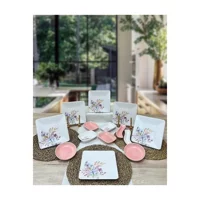Keramika Bahar Kare Desenli 14 Parça 6 Kişilik Seramik Kahvaltı Takımı Beyaz-Pembe