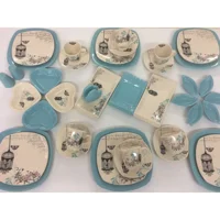 Keramika Retro Desenli 40 Parça 6 Kişilik Seramik Kahvaltı Takımı Beyaz-Mavi