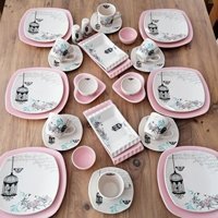 Keramika Retro Desenli 36 Parça 6 Kişilik Seramik Kahvaltı Takımı Beyaz-Pembe