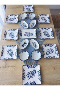 Venüs Home Decoratıon Yasemin Desenli 17 Parça 8 Kişilik Seramik Kahvaltı Takımı Beyaz- Mavi