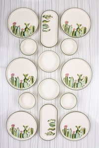 Mukko Home Kaktüs Desenli 14 Parça 6 Kişilik Seramik Kahvaltı Takımı Yeşil