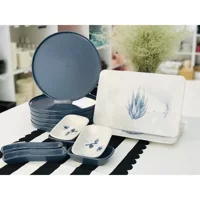 Keramika Blue Magic Kare-Yuvarlak Desenli 14 Parça 6 Kişilik Seramik Kahvaltı Takımı Beyaz-Mavi