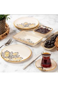 Tugra Design Arabesque Desenli 24 Parça 6 Kişilik Porselen Kahvaltı Takımı Sarı
