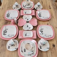 Keramika Retro Desenli 34 Parça 6 Kişilik Seramik Kahvaltı Takımı Beyaz-Pembe