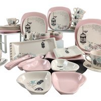 Keramika Retro Desenli 41 Parça 6 Kişilik Seramik Kahvaltı Takımı Beyaz-Pembe