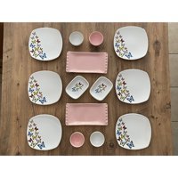 Keramika Kelebek Desenli 14 Parça 6 Kişilik Seramik Kahvaltı Takımı Açık Pembe