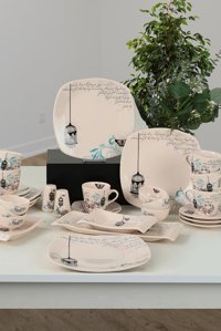 Keramika Retro Desenli 30 Parça 6 Kişilik Seramik Kahvaltı Takımı Beyaz