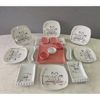 Keramika Tatlı Düş Kare Desenli 17 Parça 6 Kişilik Seramik Kahvaltı Takımı Beyaz-Pembe