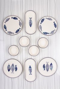 Mukko Home Balık Desenli 10 Parça 4 Kişilik Seramik Kahvaltı Takımı Mavi