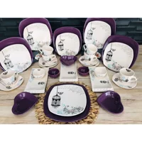 Keramika Retro Kalp-Kare Desenli 34 Parça 6 Kişilik Seramik Kahvaltı Takımı Beyaz-Mor